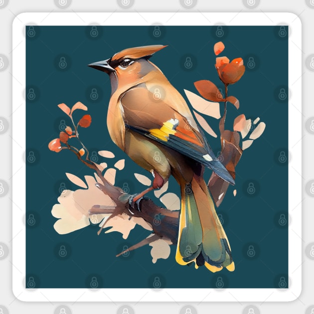 Watercolor peaceful cedar waxwing scene Sticker by etherElric